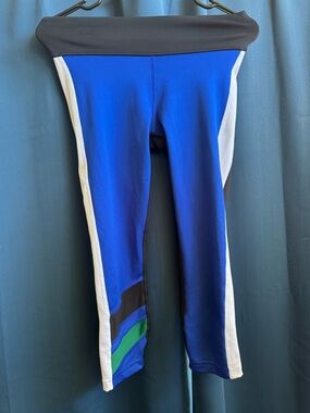 Reebok Blue, White & Black Foldover Waist Athletic Leggings with Green Stripe